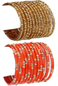 AFAST Combo Of Designer Wedding & Party Colorful Glass Kada/Bangle Set, Pack Of 24, Golden,Orange