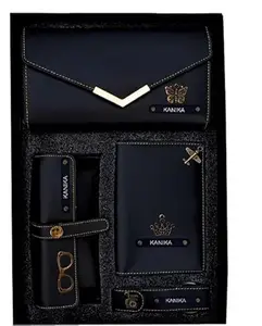 Dream Gift Glore Personalized 4 in 1 Ladies Purse/Clutch, Passport Cover with Eye Wear Case, and Metal Keychain Combo - Unisex Combo Accessories, Customized Return Gifts