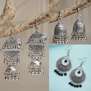 NVR Women's Set of 3 Silver-Toned German Silver Oxidised Dome Shaped Jhumka Earrings (NVR2511-Silver)