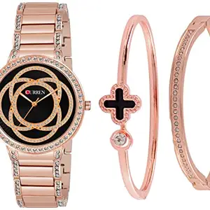 CURREN Ladies Wrist Watch with Matching Bangles for Women and Girls (3480-Rose-Black+01&24)
