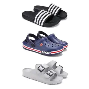 DRACKFOOT Lightweight Classic Slider || Sandals with Clogs for Men-Combo(3)-3024-3015-3114-9 Grey