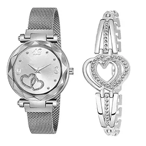 K Vajir Analogue Stainless Steel Belt, Double Heart Shape Dial Designed Watch for Girls and Woman (Silver)