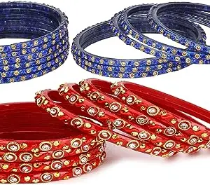 Somil Combo Of Wedding & Party Colorful Glass Kada/Bangle, Pack Of 24, Blue,Red