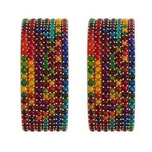 Srijman Glass Bangles Set of 12 for Women | Designer Beaded Gold Accent Chudi Set | Lightweight Traditional Bangles | 20+ Colours Available | Sizes 2.4, 2.6, 2.8