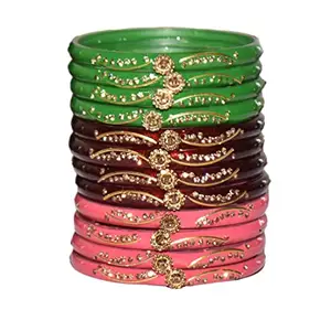 Generic V_Traders Vibrant Multicolor Glass Base Cubic Zirconia Metal and Velvet Bangles for Women & Girls (2 colors 4 pcs each) (2.8 inch)
