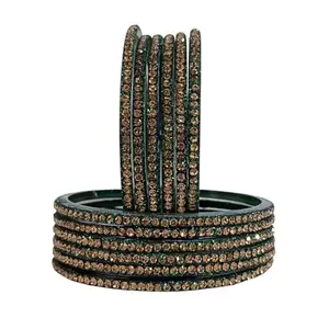 The Golden Cascade Gold Beads Glass Bangles for Women & Ladies (Dark Green, 2.6)