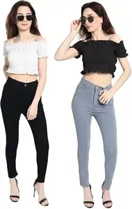 KITTY FASHION Combo of Women's Fully Stretchable Single Button Skinny Fit High Waist Denim Jeans Set of 2 in Black & Grey