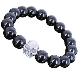 RRJEWELZ 10mm Natural Gemstone Black Onyx Round shape Smooth cut beads 7.5 inch stretchable bracelet for men & women. | STBR_RR_03461