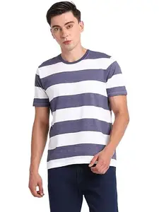 Indian Terrain Mens Striped Blue Crew Neck T-Shirt
