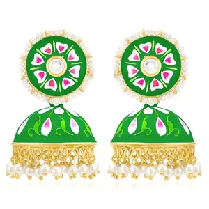 Peora Gold Plated Green Meenakari Enamel Jhumki Earrings for Women