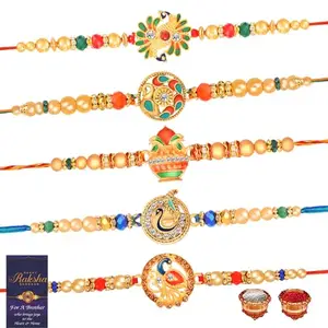 De Marquis Presents Multicolour Rakhi Combo Set with Roli Chawal, Greeting Card Combo Set for Men -Combo of 5