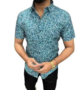 Parth Fashion Men's Digital Printed Casual Half Sleeve Shirts (42, Blue)