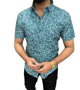 Parth Fashion Men's Digital Printed Casual Half Sleeve Shirts (40, Blue)