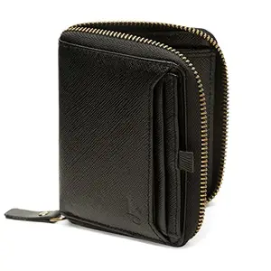 LOUIS STITCH Unisex Jet Black Italian Saffiano Leather Wallet RFID Blocking Card Holder Multiple Slots Zip Protection Handcrafted Premium Wallets for Men Boys (Goel) (LSWL-SF-ZL-JB-500)