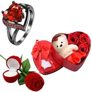 Fashion Frill Red Heart Ring for Women - Stainless Steel, Rose Gold Plated, CZ Stones - Valentine's Day Gift for Her