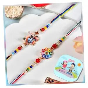 Craftvatika Rakhi Set for Brother,Designer Rakhi for Brother, Bhai, Sister, Floral and Radha Krishna Rakhis Set of 2,Elegant Rakhi for Rakshabandhan with Fridge Magnet Gift,Greeting Card,Tilak Set