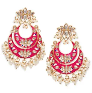 OOMPH Jewellery Rani Pink Meenakari Chandbali Earrings with Kundan - Lotus Design for Women & Girls Stylish Latest (RN-EHC230_A)