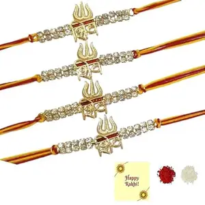 Avanti Creations Set Of 4 Golden Religious Designer Shiv Rakhi with Red Thread, and Roli Tilak Pack - Rakhi for Brother