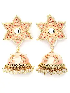 Karatcart Gold Plated Peach Meena Floral Shape Kundan Jhumki Earrings for Women