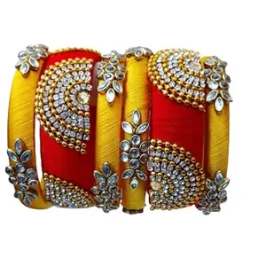 Rajshyama Handicrafts Silk Thread Bangle Kada For Women Girls 6 PC Set Wedding & Festive Occasion Handmade Multicolored Chura Chuda Chudi Stone Studded (RED1- YELLOW, 2.4)