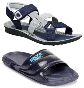 Liboni Men's Comfort Flip- Flops, Blue Slippers & Blue Grey Sandals Combo Pack of 2 (8)