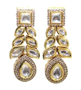Rajasthan Gems Dangle Earrings Gold Rhodium Alloy Steel Cubic Zirconia Kundan Uncut Polki Stone Enamel Meena Women Handmade Wedding Gift H030