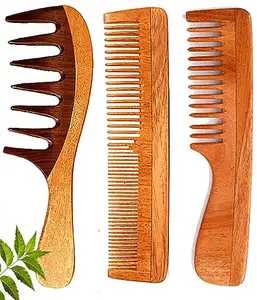 Rufiys Pure Neem Wooden Comb for Women & Men | Helps Hair Growth |Dandruff Remover (Combo of 3)