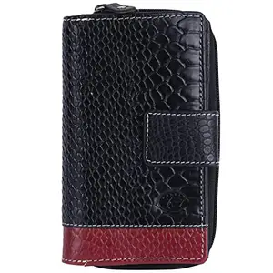 Delfin Genuine Leather | Multi Slots Ladies Wallet (Black & Red)
