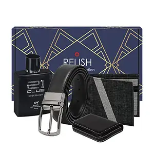 Relish Gift Combo Box of Men's Black Texture Wallet, Leather Belt and Cardholder, Perfume | Valentine Gift for Boyfriend