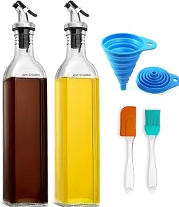 Jyot Creation 500ML Oil Glass Dispenser with Silicon Funnel, Oil Brush and Spatula For Kitchen (2Pc Oil Bottle + 1pc Funnel + 1pc Silicone Oil Brush & Spatula)(Pack Of 5)