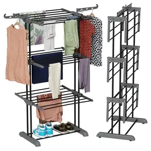TEX-RO Clothes Drying Stand for Balcony/Cloth Dryer Stand/Cloth Stand for Drying Clothes Foldable/Stainless Steel Clothes Hanging Stand/Portable Cloth Rack for Indoor (3 Layer, Grey and Black)