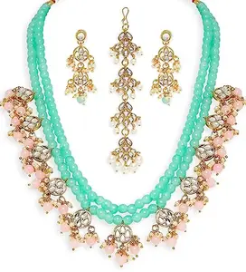 fabula Jewellery Mint Green & Pink Beads & Kundan Multi Layer Mala Long Necklace Set with Drop Earrings & Maangtikka For Women & Girls Stylish Latest (NEVM28MTDP14_AFR1)