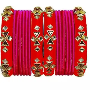 HARSHAS INDIA CRAFT Silk Thread Bangles Plastic with Pink Bangle Set For Women & Girls (cherry red) (Pack of 16) (Size-2/6)