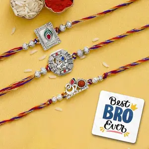 eCraftIndia Set of 3 Om, Krishna with Peacock Feather, Lord Ganesha Silver Religious Designer Rakhis, Best Bro Ever Fridge Magnet with Roli Chawal Pack - Rakhis for Brothers