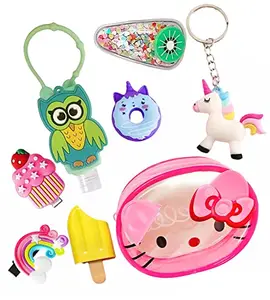 Le Delite Pink Unicorn Kitty Transparent Coin Pouch Wallet Combo Cute Kids Accessories - Empty sanitizer Cartoon Dispenser, ice Cream Hair Clips , Glitter tic tac pin , Donut Eraser & Highlighter Pen