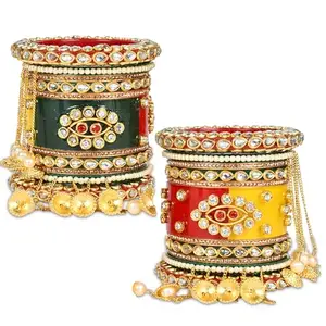 BRIDAL GARNISH Plastic Radiant Tri-Color Bridal Chuda: Kundan and Zari Work with Latkan Bangles Red Green Yellow (Style2, 2.4)