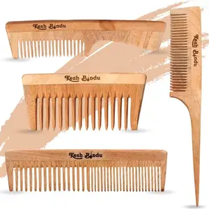 KESHBINDU® Handmade Kachi Neem Wood Anti-Dandruff Comb hair styling - (Family Kit) Different 4 Types Of Neem Wood Combs Combo Set | Men & Women…