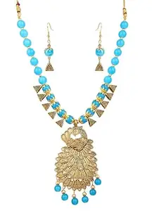 Sky Blue Oxidized Necklace for Women – Golden Peacock Design with Traditional Flair