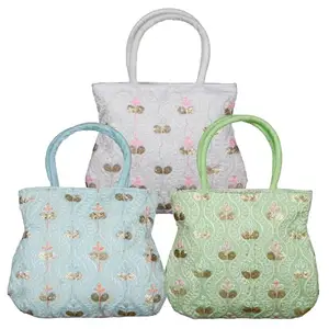 Kuber Industries Hand Bag | Traditional Tote Hand Bag for Women | Silk Wallet Hand Bag | Ladies Purse Handbag | Curved Shape Embroidery Hand Bag | Pack of 3 | Multi