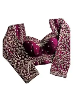 Women's Pure Vichitra Silk Embroidered V Neck Blouse Long Sleeve Readymade Saree Blouse Indian Ethnic Designer Stitched Blouse