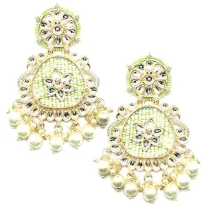 ZENEME Gold-Plated Beads Pearls & Kundan Studded Handcrafted Peacock Shaped Drop Earrings For Girls and Women (Lime Green)