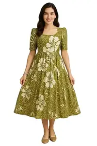 Women's Round Neck Floral Block Printed Elbow Sleeves Front Button Detailing Layered and Tiered Hem Kurti Gown