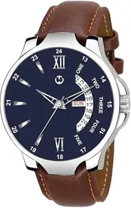 Men's Watch, Leather Strap, Blue Day & Date Analog Dial Formal & Casual Party Wear, Water Resistant for Men's & Boy's Watch (Brown-Blue)