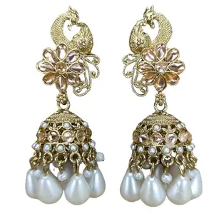 Traditional Peacock Jhumka Earrings, Pearl Drop Design, Gold-Toned with Champagne Crystals