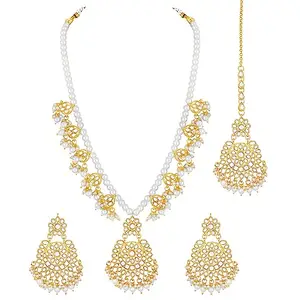 Peora Traditional Gold Plated White Kundan Beads Studded Long Necklace Dangle Earrings & Maangtikka Set Ethnic Fashion Jewellery Gift for Women & Girls
