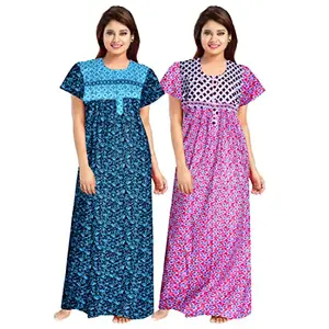 Mudrika Women's 100% Cotton Printed Long Nighty, Floral Night Dress, Long Nighty - (Maxi Night Gown) (Pack of 2) Black,Blue