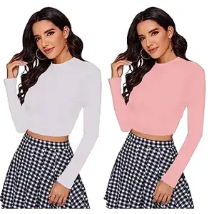 Dream Beauty Fashion Women's Round Neck Long Sleeves Stylish Crop Top, 17 Inches - Pack of 2 (Tally White-Peach-L)