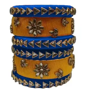pratthipati's Silk Thread Bangles Ladies Trendy Designer Bangle Set Color (Dark Blue-Yellow) (Set of 6) (Size-2/12)