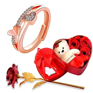 University Trendz Valentine Rose Gold Double Heart Women Ring with Artificial Red Rose Flower Box and Soft Teddy Bear for Girlfriend, Wife, Lover