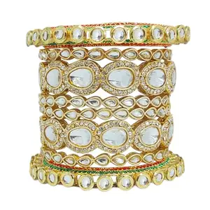 Chrishan Gold Plated Designer Kundan Kada Chudi Pacheli Bangle Set For Women And Girls. (Gold, 2.6)